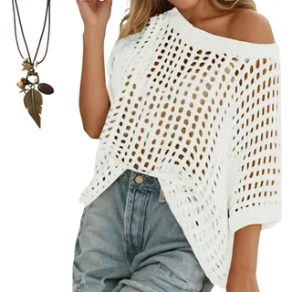 Häkelpullover Damen Schulterfrei Sommer Strickpullover, Leichtes Hollow Out Häkeltop Netzoberteil für Bikini Beach Cover Up, Lockerer Netzpullover Fledermausärmel für Urlaub Strand (White,M) - M