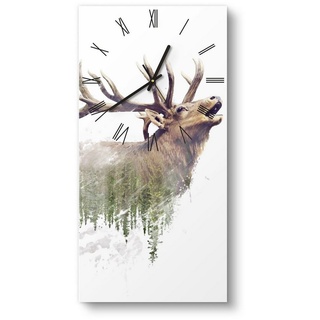 DEQORI Wanduhr 'Hirsch röhrt im Wald' (Glas Glasuhr modern Wand Uhr Design Küchenuhr) braun|weiß 30 cm x 60 cm