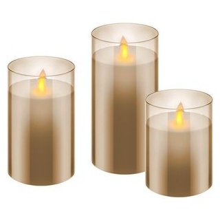 Goobay LED-Kerze Echtwachs im Glas, gold, 10–15 x 7,5cm (HxØ), Timer, Pendeldocht, 3er Set