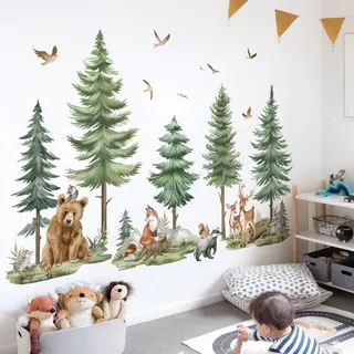 wondever Wandtattoo Waldtiere Kinderzimmer XXL Wandaufkleber Baum Große Kiefer Bär Hirsch Wandsticker Wanddeko für Kinderzimmer Babyzimmer