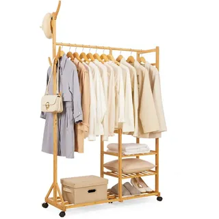 Yorbay Kleiderständer Garderobenständer aus Bambus, (mit Rollen, mit Kleiderstange, 3 Ablagen und 6 Kleiderhaken), Kleiderständer 100 x 38 x 176 cm für Flur, Wohnzimmer, Schlafzimmer