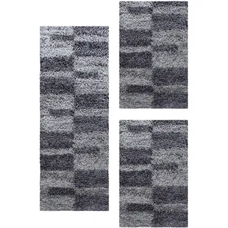 Carpetsale24 Bettumrandung Schlafzimmer 3 teilig Shaggy Hochflor Teppich Grau Bettvorleger Schlafzimmer Bettset: 2 St. 80x150 cm | 1 St. 80x250 cm - Flauschiger Teppich Läufer Set Kariert Design
