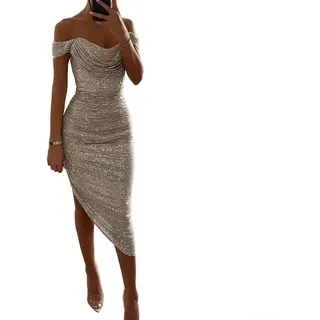 Damen Pailletten Abendkleid Elegant V-Ausschnitt Ärmellos Lang Maxikleid Für Hochzeit Geburtstag Party Ball Gala Festlich Kleid Schwarz Silber Lila Gold(S Silver)