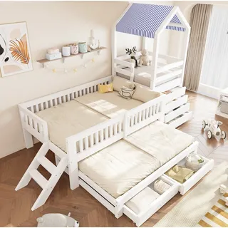 OKWISH Kinderbett Funktionsbett (Holzbett mit Ausziehbett 90x190 cm, Gästebett 90x200 cm, mit Seitentreppe, vierstufigem Schubladenblock und Stoffdach, Hausbett), ohne Matratze