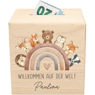 Geldgeschenk zur Geburt personalisiertes Geschenk Baby Spardose aus Holz Babygeschenk für Jungen & Mädchen Geburtsgeschenk (Wald)