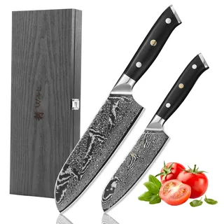Wakoli Nitoko Santokumesser-Set 2-teilig, 67 Lagen Damaststahl, VG10-Kern | Zwei Santoku mit 18,5/12,5 cm Klingen, Full-Tang-Bauweise, G10-Griffen, 60 ± 2 HRC und beidseitigem 15° V-Schliff