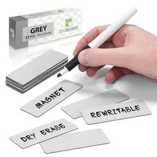 2DOBOARD Magnetstreifen beschreibbar - 7,5 cm x 2,5 cm Grau - 25 Stück - Magnetschilder zum beschriften – Für Kühlschrank, Whiteboard & Tafel - Magnetetiketten