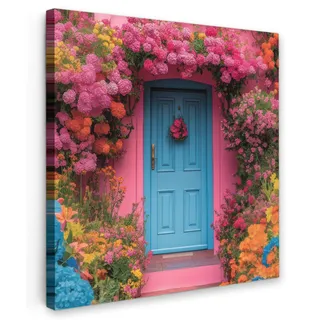 OnlyWow© Outdoor Poster 100x100 cm Gartendeko Wetterfest Wanddeko Terrasse Leinwandbilder Aesthetic Deko Außenbereich Wandbilder Modern Draußen Blumen - Tür - Rosa