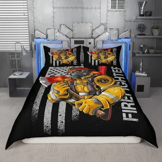 feelingyou Feuerwehrmann-Bettwäsche-Set 135 x 200 cm,Bettbezug mit amerikanischem Flaggendruck für Kinder,Jungen,Schlafzimmer, gelb-rotes Feuerwehr-Bettwäsche-Set mit 1 Kissenbezug,weich