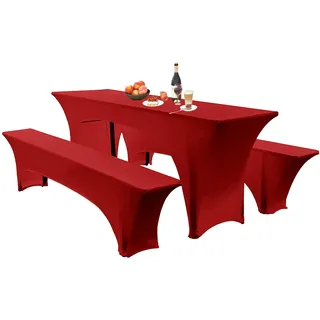 Elastische Hussen Für Bierzeltgarnitur Biertischhussen Bierbank-Auflage & Tischdecke 50 cm Oder 70 cm Tischbreite, 3 TLG Set Stretch Hussen Für Festzeltgarnituren Bierbank (70cm,Big Red)