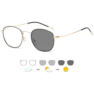 Lanomi Selbsttönende Rund Gleitsichtbrille Damen Herren Photochromic Progressive Multifokus Lesebrille Blaulichtfilter Metallrahmen UV400 Schutz Gleitsicht Schwarz Gold Sonnenlesebrille 3.0 - L