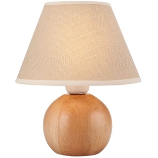 Licht-Erlebnisse Wohnliche Tischleuchte rund Holz Stoff 24cm klein E27 FAYA Nachttischlampe Wohnzimmerlampe