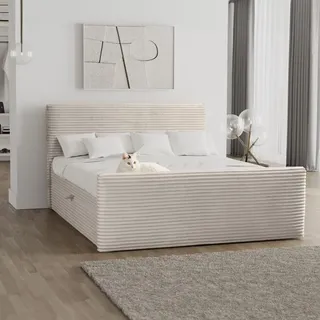 kaiser möbel Boxspringbett mit bettkasten und topper 160x200 TRENTO stoff Plüsch Cord Ecru H3-Bonell - Creme