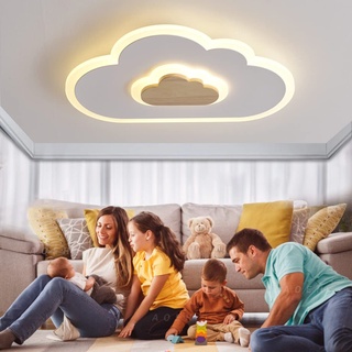 AOEH LED Deckenleuchte Schlafzimmer Kinderzimmerlampe Deckenlampe Deckenleuchte für Kinder Wolken deckenleuchte Holz Stufenloses Dimmen mit Fernbedienung Mit Nachtlichtfunktion,50cm