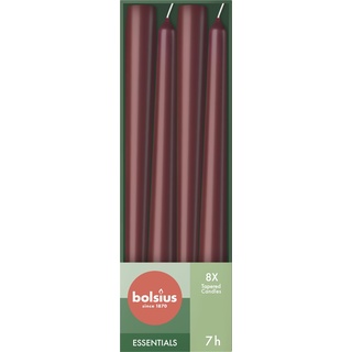 Bolsius Glatte Spitzkerzen - Bordeauxrot - 8 Stück im Karton - Dekorative Haushaltkerzen - Brenndauer 7 Stunden - Unparfümierte - Enthält Natürliches Pflanzenwachts - Ohne Palmöl - 24,5 cm