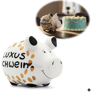 LS-LebenStil Spardose Keramik Sparschwein Spruch LuxusSchwein Weiß Schwarz Gold Sparbüchse, (perfekt als Geschenk zum Geburtstag Hochzeit oder Verlobung, Taufe, 1-tlg., 100% von Handbemalt, mit Filzgleiter - keine Kratzer), Exklusives Design, Originelle lustige Sprüche weiß 12.00 cm x 12.00 cm x 9.00 cm x 9.00 cm