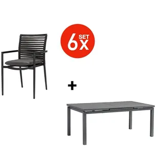 acamp Garten-Essgruppe 7-teiliges Stapelstuhl Set New Jersey inkl. ausziehbarer Tisch, (Gartenmöbel Set), stapelbar, Sitzgruppe, Lounge-Set, Gartentisch 180 -240x110x70 cm grau