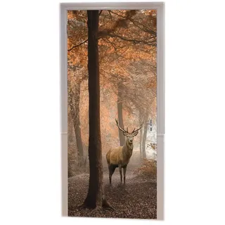 A.Monamour Türtapeten Selbstklebend 3D Hirsch Im Roten Nebligen Herbstwald Bunte Bäume Tier Thematische Naturlandschaft Türtapete Türposter Tapete 77x200cm