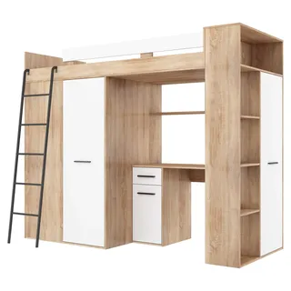 BIM Furniture Hochbett Etagenbett Entresole VERANA L Bett 190x90 cm mit Treppen Kleiderschrank Regal Schreibtisch Kinder Möbel Set Linke Seite (Sonoma Eiche/Weiß)