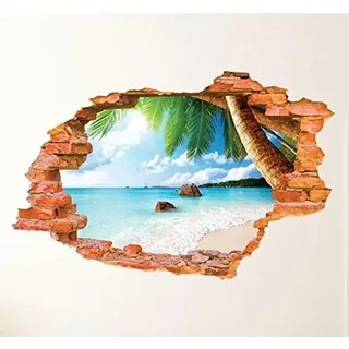 HALLOBO® Wandtattoo Wandaufkleber Wandbild 3D Fenster Strand Sonne Meer Himmel Sommer Wohnzimmer Schlafzimer Home Dekor