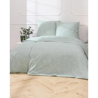 MTOnlinehandel Bettwäsche 155x220 Grün, Blumen-Ranke Zweige Blätter Mint, Baumwolle, Öko-Tex, für Allergiker geeignet, Reißverschluss, Kissenbezug 80x80 + Bettbezug 155x220, Traumhelden