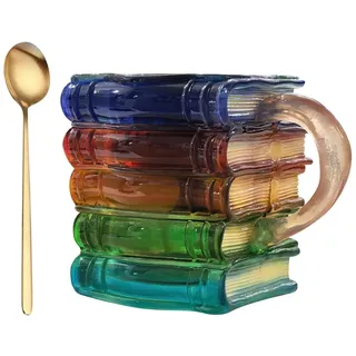 Buchtasse 3d Buch Tasse Büchertasse Buchtasse aus Glas BücherTasse,Buch-Kaffeetasse, CappuccinoTassen mit Löffel, tragbare kreative Tasse, ideal für Morgenpause, Café, Arbeitszimmer, Bücherregal