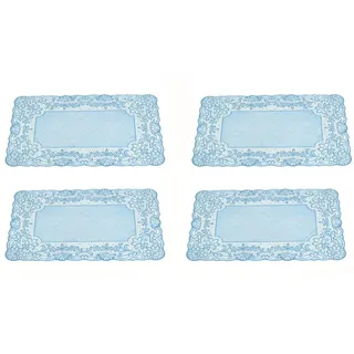 LB H&F Lilienburg Platzset 4er SET Platzset Platzsets Tischset Tischsets Shabby Tischdeko Hochzeit edel modern Design Rose Rosen Spitze Barock Platzmatte Tischmatte Ornament Spitze blau floral Muster Platzdeckchen abwischbar abwaschbar Platzdecke blau