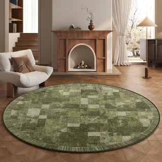 RBQIZVW Vintage Kinderzimmer Teppich Rund 120 cm,Waschbare Teppiche Grün Runder Wohnzimmer Teppiche rutschfest Bedruckter Kurzflor Teppich Schlafzimmer,Hochwertiger Robuster Küchenteppich
