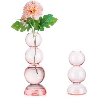 Glasseam Glas Vase Rosa, Aesthetic Deko Vasen Set 2, Kreative Glasvase Rund Bubble Design, Bunte Blumenvasen Modern Kugelvase, Abstrakt Blumenvase Dekovase für Wohnzimmer Badezimmer Schlafzimmer