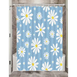 Duschvorhang mit Gänseblümchen-Motiv für Wohnmobile, Wohnmobile, Badezimmer, niedlicher Boho, groovig, Retro-Blume, Camping, klein, schmal, kürzer, Stoff-Duschvorhang-Set, Happy Camp-Dekor mit Haken,