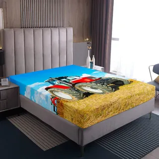 Loussiesd Jungen Traktor gedruckt Spannbettlaken 140x200cm Männer Bauwagen Muster Bettlaken für Kinder Rot Schwere Maschinen Fahrzeuge Spannbetttuch Farm Theme Boxspringbett Mikrofaser
