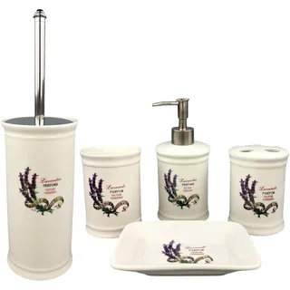 Landhaus Vintage Keramik Badset (Lavendel) Badezimmerset Badezimmer Badeset Set Bad Zubehör, Seifenspender Zahnbürstenhalter Seifenschale Zahnputzbecher WC Bürste Badgarnitur Garnitur (5er Set)