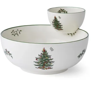 Spode Weihnachtsbaum-gestuftes Chip- und Dip-Servierset – festliches 2-teiliges Set für den Urlaub und zum Servieren von Snacks – kultiges Weihnachtsbaummotiv – Porzellan –