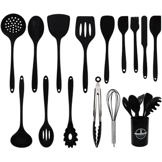 Scinouakpy 15-teiliges Silikon Kochgeschirr Set mit Halter, Küchenhelfer Set Hitzebeständig, Küchenutensilien, Küchenhelfer Set, Kochgeschirr Set, Pfannenwender, Teigschaber, Hitzebeständig, Schwarz