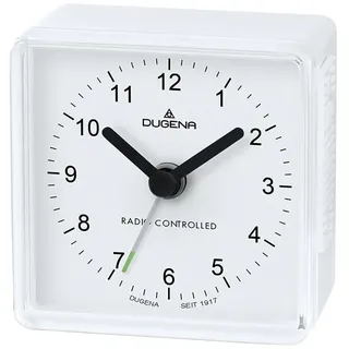 Dugena Reisewecker, Funkwecker aus Kunststoff, modern, mit abgerundeten Ecken und ansteigendem Wecksignal (Crescendo-Alarm), 6 x 6 cm, Farbe:Weiß