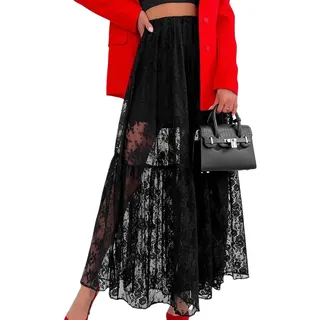 KWISUAWHGA Damen Sexy Durchsichtiger Langer Spitzenrock Mit Blumenmuster Elastischer Bund Fließender Plissee A-Linien-Party-Maxirock - M