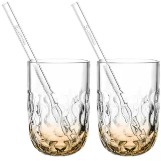 LEONARDO HOME GOCCE Caramel Macchiato Glas • 2 Latte Macchiato Gläser + Trinkhalme • LM Becher für Siebträger • Spülmaschinengeeignet • Tropfenstruktur • Matchaglas • Apricot • 390 ml • 077096