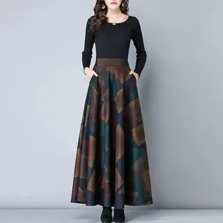 Glamouröser Damenrock für Herbst/Winter, locker sitzend, verziert mit schönen Retro-Mustern (L dunkelgrün)