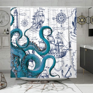 DESIHOM Blauer nautischer Oktopus-Duschvorhang-Set, lustige Ozean-Kraken-Duschvorhänge für Badezimmer, Strand, Küste, Piratenkarte, Dekor, Polyestergewebe, 183 x 183 cm
