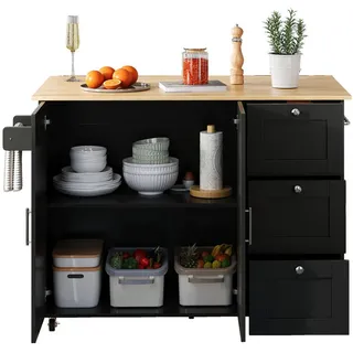 Okwish Kücheninsel, Schwarz Holzwerkstoff, 135x90x44 cm, Küchen, Küchenmöbel, Kücheninseln