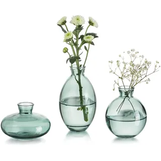 Glasseam Kleine Vasen für Tischdeko Handmade, 3er Grün Mini Vase Glas | Verschiedene Groessen, Blumenvase Modern, Hydroponic Glasvasen Set, Hochzeit Tisch, Wohnzimmer, Badezimmer, Couchtisch