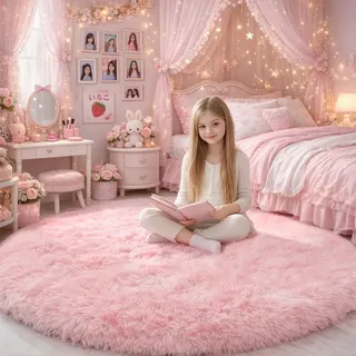 Rosafarbener Runder Teppich für Mädchenzimmer - Flauschiger Kreisteppich für Kinderzimmer, Pelziger für Teenager, Zotteliger