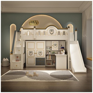 JVmoebel Schlafzimmer-Set, Bett Kinderzimmer Betten Etagen Kinderbett Hochbett mit Rutsche Holz Schrank neu weiß
