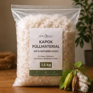 Minky Mooh® 1,5 kg Kapok Füllmaterial (Öko-Tex 100) vegan & 100% naturbelassen - Kapokwolle & Füllwatte für Allergiker - Atmungsaktive Kapokfaser Wolle für Füllung von Stillkissen, Kissen, Matratze