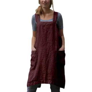 ORANDESIGNE Latz Schürze mit Tasche Baumwolle Leinen Midikleid Hosenträgerkleid Jpanische Schürze Gartenschürze Nähen - XXL