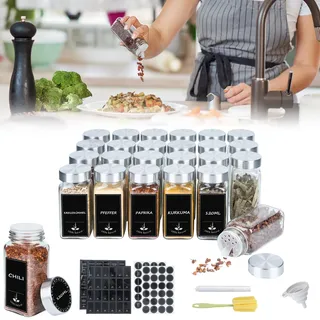 UISEBRT Gewürzgläser Eckig Set 12er Gewürzbehälter mit Etiketten Spice Jars Gewürzdosen Glas 120ML Gewürze Aufbewahrung Luftdichte mit Streueinsatz, Trichter, Reinigungsbürste, Abdeckung aus Edelstahl