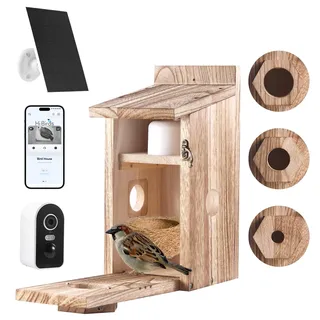 Vogelhaus mit 5MP Kamera, Nistkasten für Vögel für Draußen, 2,4 G WiFi & App Benachrichtigung, Video/Fotoaufnahme & Bewegungserkennung, Beobachten des Vogellebens, Nachtsicht, Solarbetrieb,B
