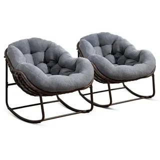 LVHOM Schaukelstuhl dick/gepolsterte Kissen, Rattanstuhl mit Stahlrahmen, Lounge Sessel (Großformat B110.5xT94.5xH80cm,160kg Tragfähigkeit,Dicke Kissen, MEHRE FARBEN MEHRE OPTIONEN! Schaukelsessel umhüllendem Sitzgefühl & hoher Armlehne, 2 St), Balkon/Garten/Wohnzimmer/Schlafzimmer/Arbeitszimmer grau