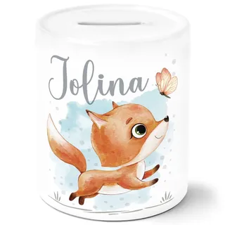 SpecialMe® Kinder Spardose mit Name Tiermotive Bär, Hase, Fuchs personalisierte Geschenke Mädchen Jungen Sparschwein Fuchs weiß Spardose
