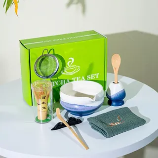 Matcha-Schneebesen-Set mit grüner Geschenkbox, traditionelles japanisches Teezeremonie-Set, Ofenwechsel, glasierte Keramik, horizontal gestreift, Matcha-Schüssel-Set für Matcha-Liebhaber, Blau, 8